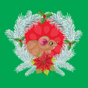 Decorative christmas, new years greetings with brown rat and poinsettia.