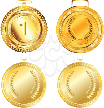 Set of round decorative golden medals on white background.
