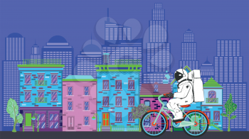Cartoon astronaut riding bicycle in the city design.
