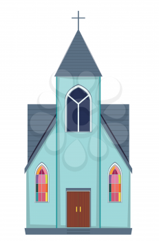 Cartoon small retro rural church house design on white background.