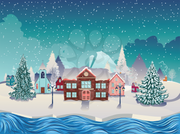 Rural houses, fir trees and big mountain, snowy winter village background.