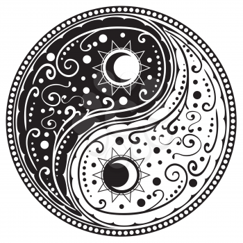 Circular ornament yin yang sign paisley design.