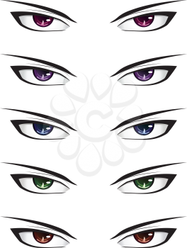 Manga style male eyes of different colors set on white background.