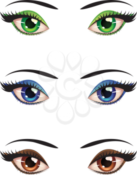Set of cartoon female eyes of different colors with eyeshadows.