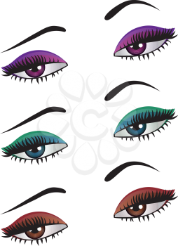 Set of cartoon female eyes of different color on white background.