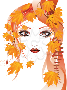 Portrait of an abstract floral girl with autumn maple leaves.