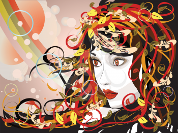 Art colorful illustration of woman face with autumn floral.