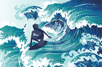 Rushing waves and surfing man silhouette design.