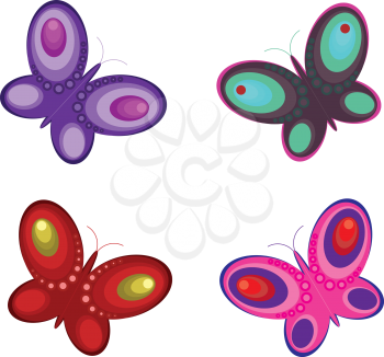 Illustration of abstract colorful butterflies on white background.