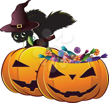Cute Halloween card with black kitten in witch hat and two pumpkins.
