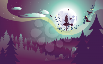 Halloween background with flying witch silhouette on a broomstick in dark forest.