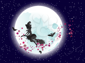 Halloween flying witch on a broomstick over big full moon and stars.