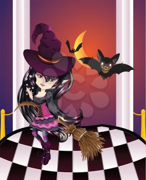 Cartoon witch girl with bats on balcony with checkered floor.