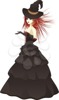 Red haired witch in long black dress.