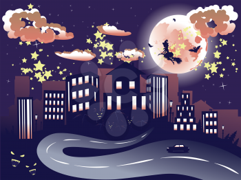 Halloween background with witch on a broomstick silhouette flying to the city.