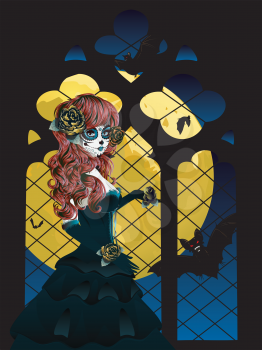 Vampire or witch near old gothic window with big yellow moon.