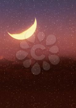 Textured grunge background with clouds, crescent moon and starfield.