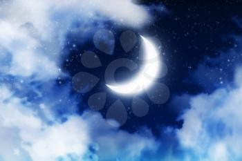 Fantasy crescent moon on blue starry sky with clouds background.