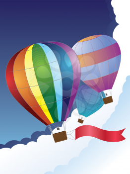 Illustration of hot air balloon with red ribbon on sky background.