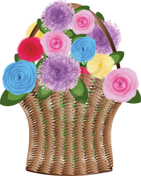 Illustration of wood weaved basket with flowers.