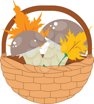 Autumn basket with mushrooms and maple leaves.