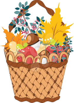 Still life of different vegetable and fruits with maple leaves in the basket.