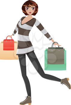 Fashion girl in casual outfit with shopping bags.