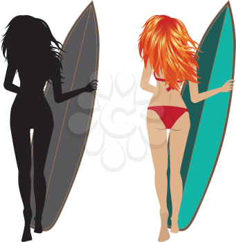 Woman dressed in swimsuit with surfing board, view from the back.