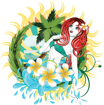 Beautiful island girl in green bikini with red hair and plumeria flower.