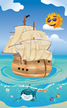 Cartoon old wooden sailing ship in the tropical sea.