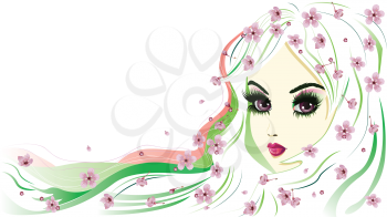 Abstract floral girl with white hair and pink flowers.