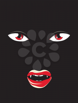 Spooky vampire face with red eyes in the dark, halloween illustration.