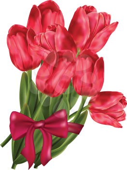 Pink tulips bouquet with bow and ribbon on white background.