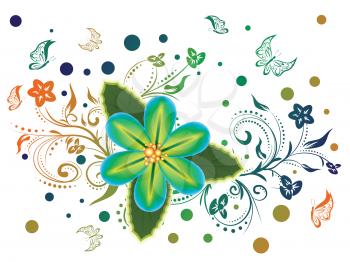 Colorful tropical flower and decorative floral ornament with butterflies.