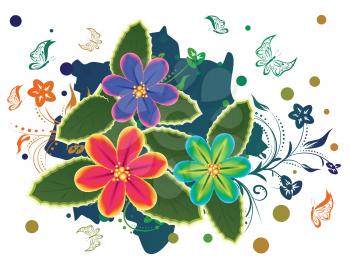 Colorful tropical flower and decorative floral ornament with butterflies.