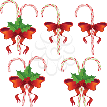 Collection of tasty striped candy canes with red bow, Christmas sweets.