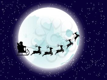 Cartoon Santa Claus silhouette riding a sleigh with stylized deers in front of the full moon.