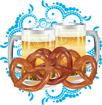 Delicious pretzel with glass of beer cartoon food design.