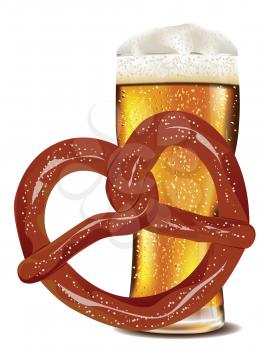 Delicious pretzel with glass of beer cartoon food design.