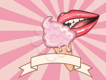 Illustration of sexy lips is eating ice cream