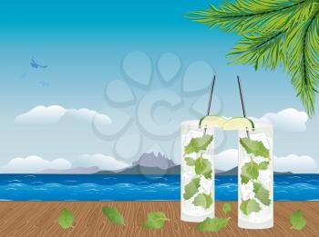 Illustration of fresh mojito drink on the wooden table.