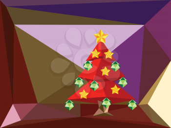Decorated low poly red Christmas tree, holiday illustration in polygonal design.