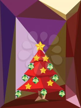 Decorated low poly red Christmas tree, holiday illustration in polygonal design.