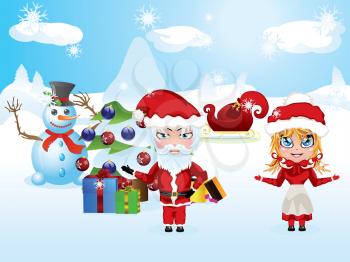 Cute cartoon Santa and Mrs Claus in red Christmas suits.