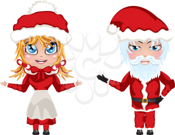 Cute cartoon Santa and Mrs Claus in red Christmas suits.
