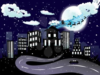 Christmas background with Santa Claus silhouette flying to the city.
