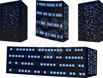 Collection of stylized buildings silhouettes with windows on white background.