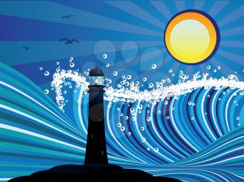 Blue stylized sea with big waves and lighthouse.