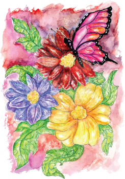 Greeting card with bouquet of flowers and butterfly, watercolor painting.