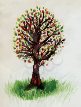 Grunge sketch of leafless tree on paper background.